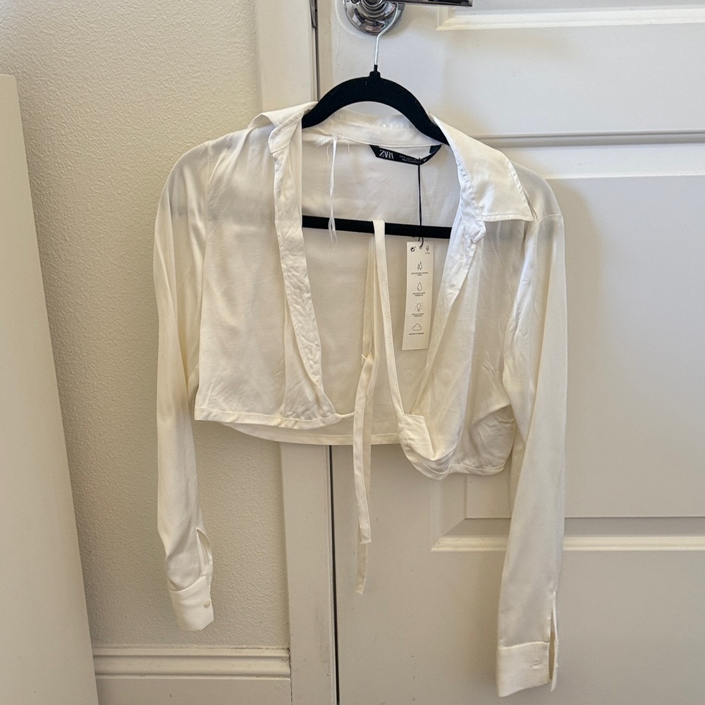 Zara Cream Satin Cropped Tie-Front Top XS